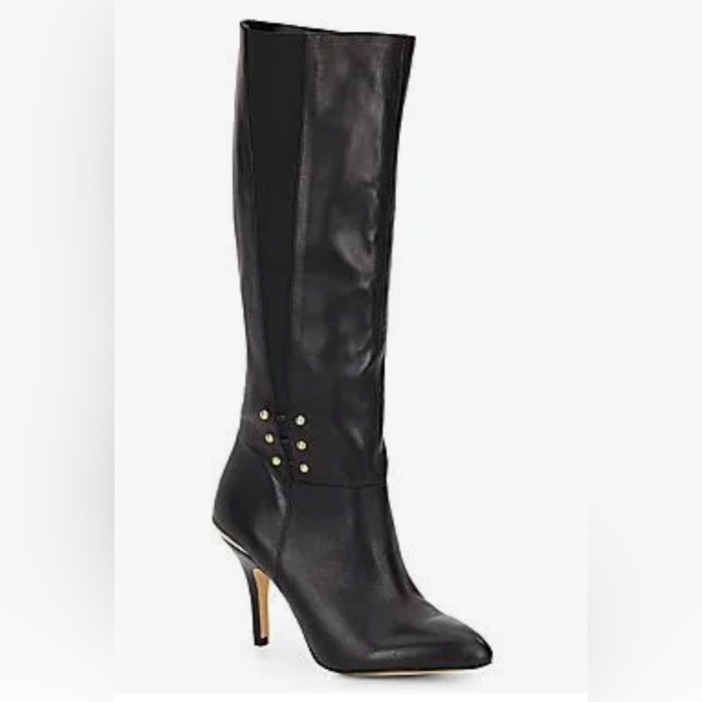 Saks fifth avenue black leather & Gold Hardware long heeled boots size 8.5 NWT